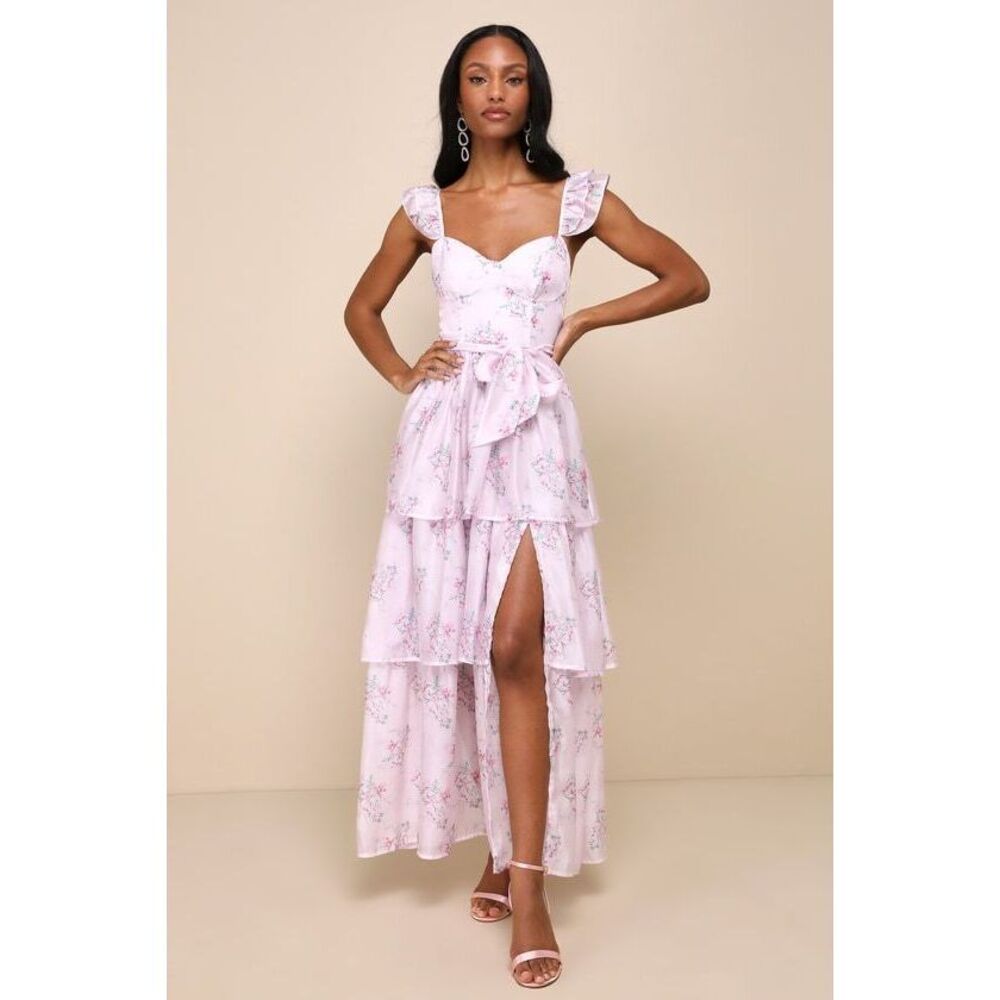 Lulus Sweetest Emotion Lilac Floral Ruffled Tiered Bustier Midi Dress Purple